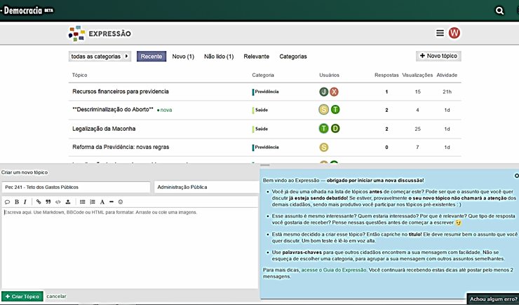 Mensagem do Sistema orienta usuário sobre criação de tópicos de discussão